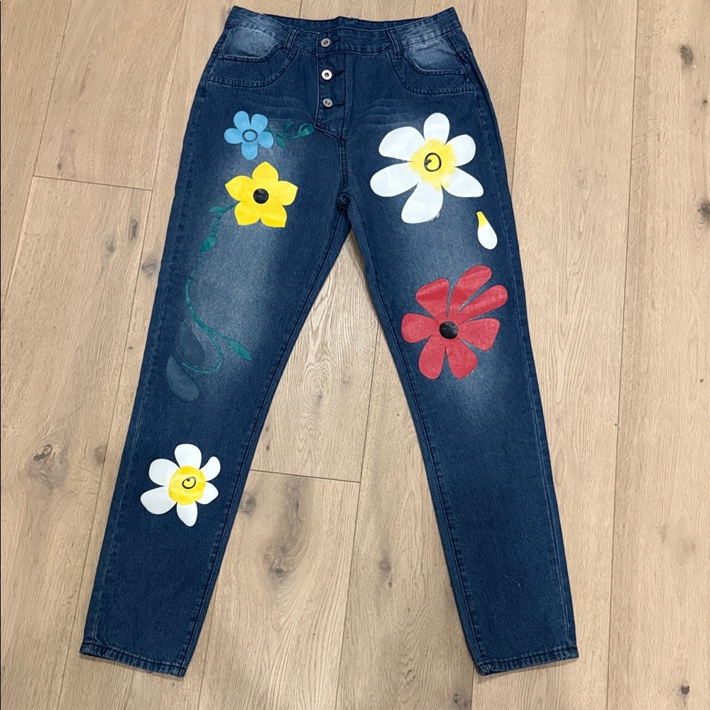 Floral Women's Jeans with 3 Button Fly - 70s style